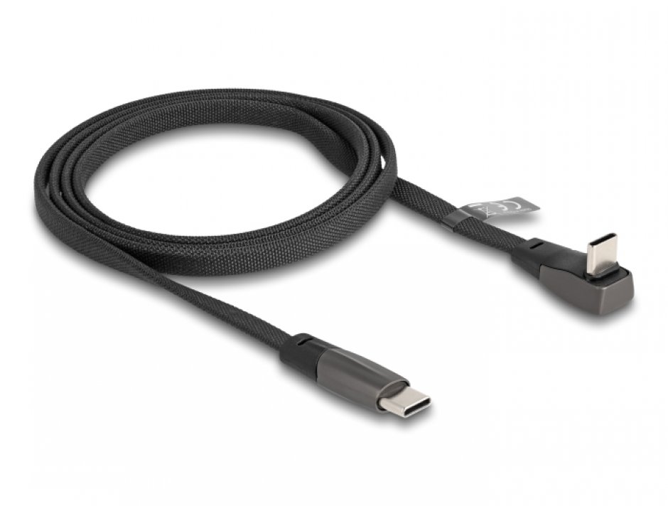 Imagine Cablu flat USB 2.0 type C drept/unghi 90 grade 60W T-T 1m brodat Negru, Delock 80751